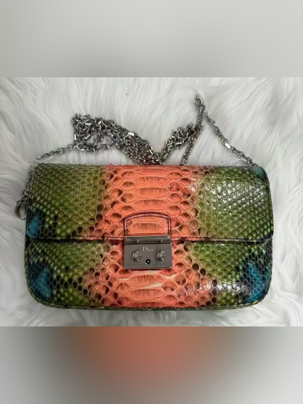 Collector’s Item! Dior Multicolor Python Chain Shoulder Bag in Green and Orange
